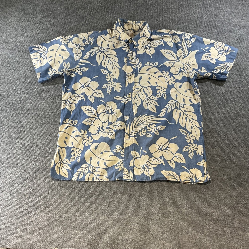 Reyn Spooner Hawaiian Traditions Blue Floral Cotton Button Down Shirt Mens L